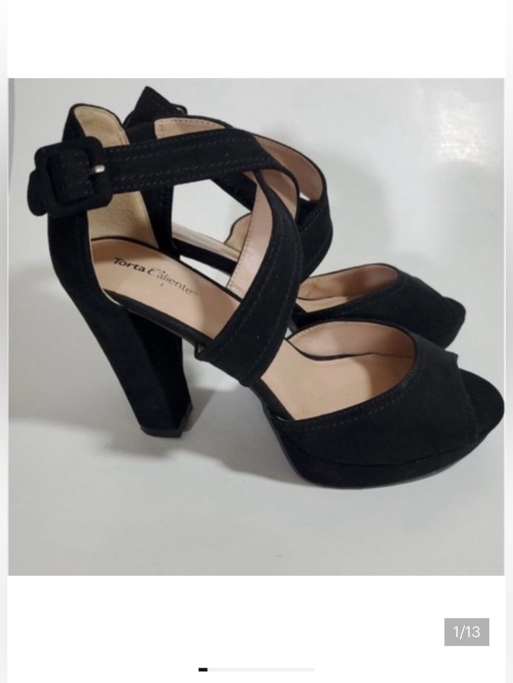 Torta Caliente Luna Black Suede Crisscross Peep Toe Block Heels